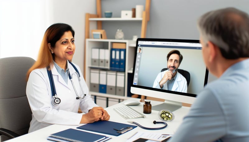 The image shows a family physician engaged in a telemedicine consultation with a patient on a computer screen-1