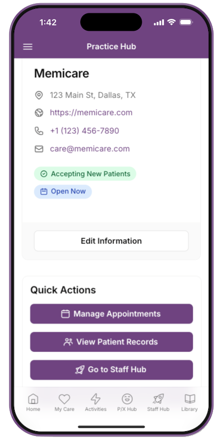 Memicare App - Practice Hub